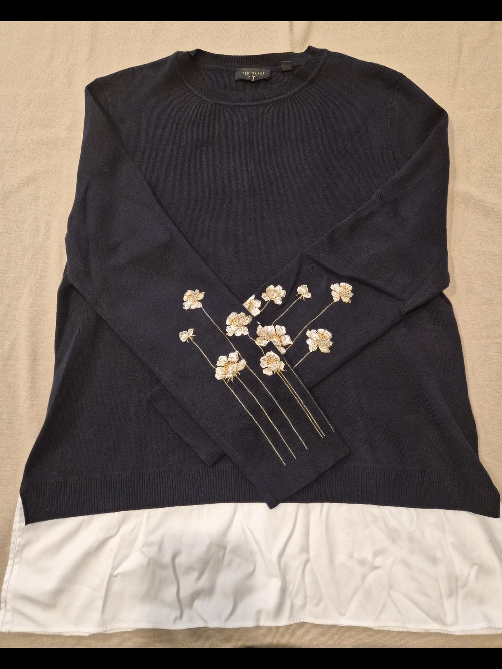 Ted Baker Navy Sweater with Gold & Cream Floral Embroidery
